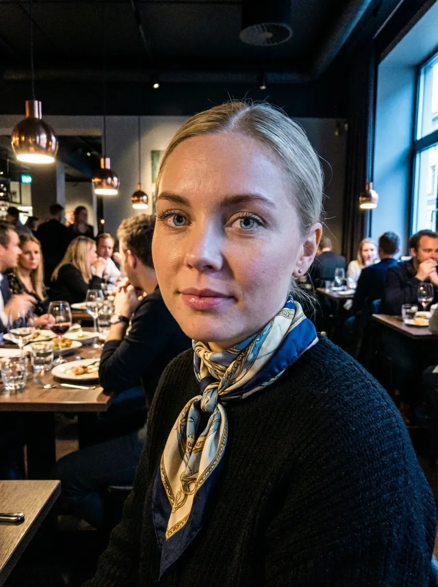 Original selfie input — blond woman in a dark top at a restaurant